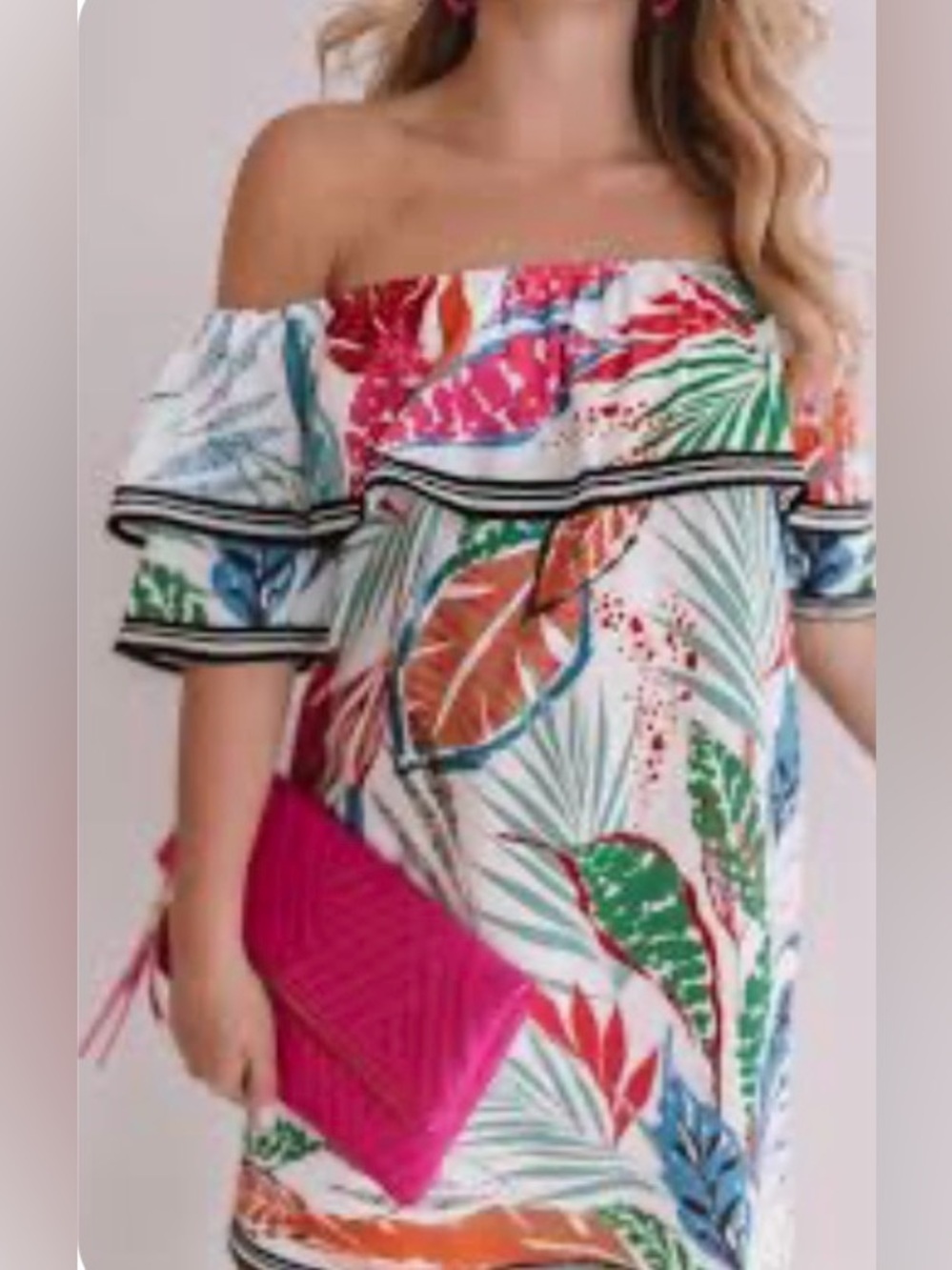 FLYING TOMATO SMALL P2P 20”  Off-Shoulder Tropical Leaf Print Dress